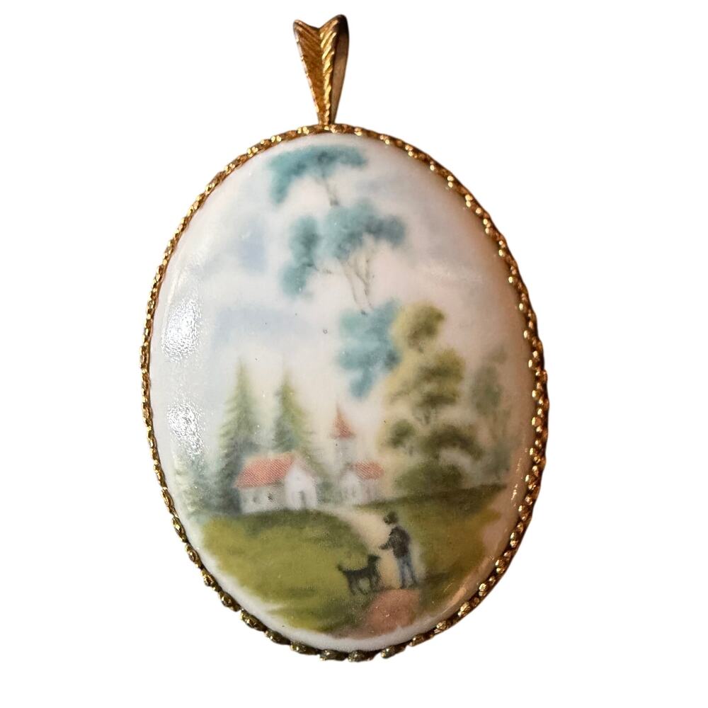 AK Kaiser W. Germany Hand Painted Porcelain Pendant Scenic Village GoldToneOval